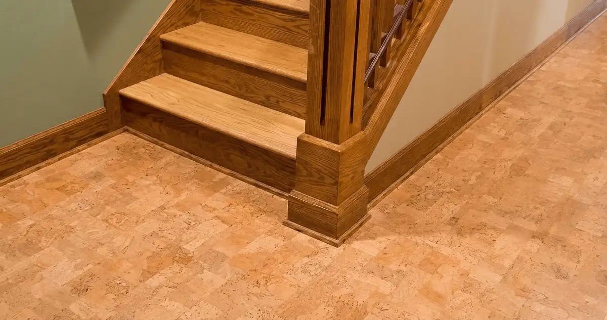 End of a staircase with cork flooring in Marietta, GA