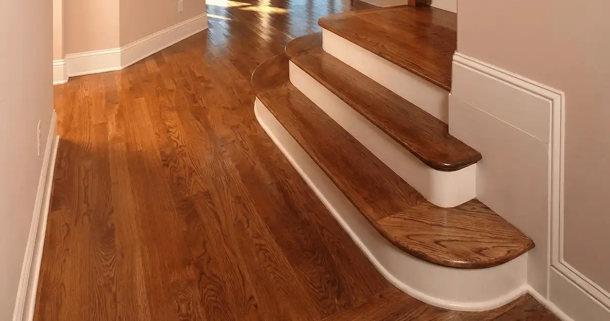 Base floor of a staircase with professionally restored wood flooring in Marietta GA