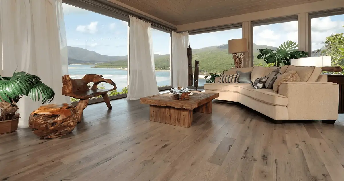 Professionally installed vinyl flooring in a modern living room with large windows in Marietta, GA